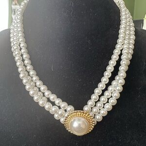 Triple Strand Faux Pearl Necklace Gold Medallion